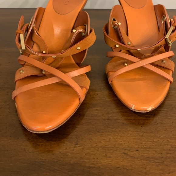 GUCCI - Orange/Rust color Suede & Leather -Studded High Heel Sandals - Picture 5 of 8